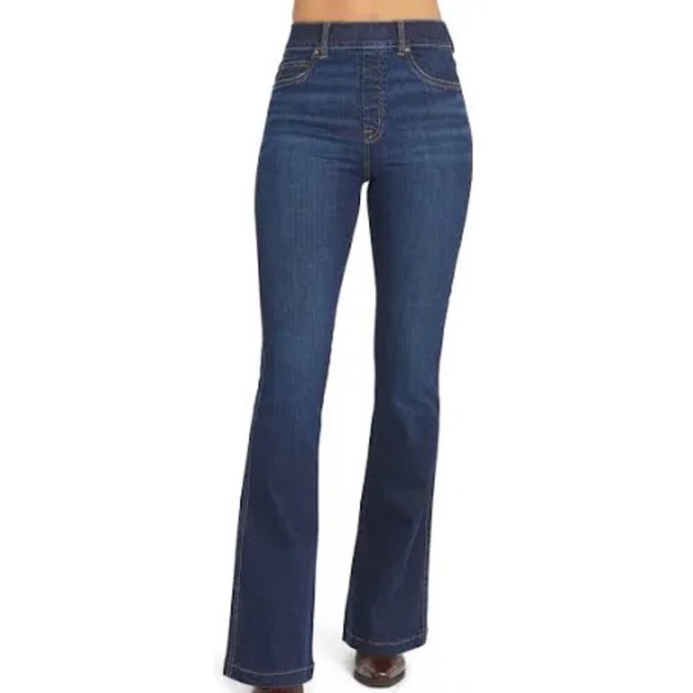 Spanx Flare Jeans Pull On Stretchy Sz L Petite Dark Wash Blue Denim GREAT COND